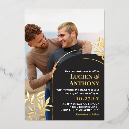 Charcoal Arch Golden Sprigs 2 in 1 Bruiloftsdetail Folie Uitnodiging (Voorkant)