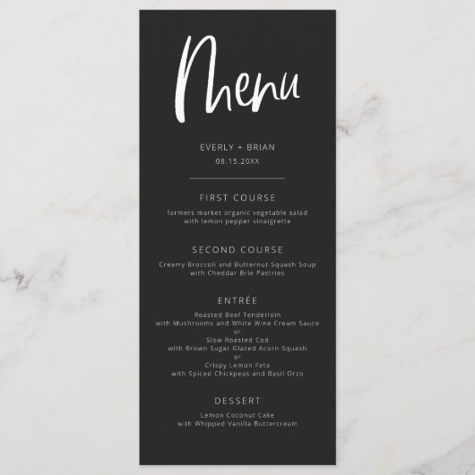 Charcoal black Modern minimalist Wedding Menu (Voorkant)