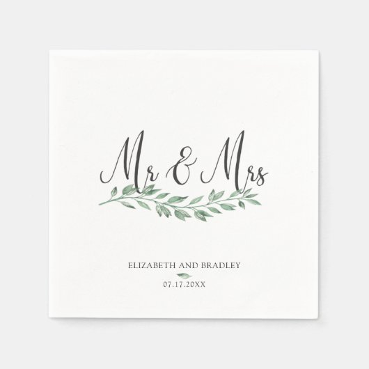 Charcoal Black Script Mr. & Mrs. Greenery Wedding Servet (Voorkant)