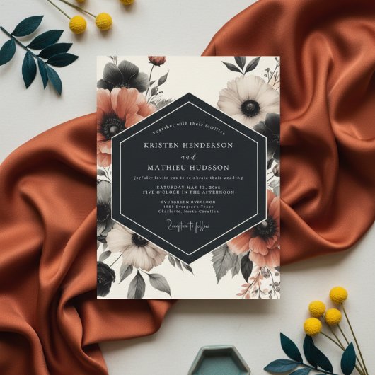 Charcoal Floral Moody Romance Wedding Kaart