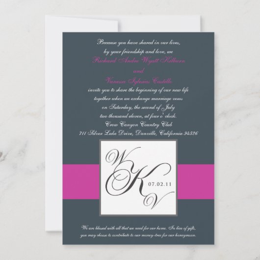 Charcoal Fuchsia Monogrammen Wedding Invitations Kaart (Achterkant)