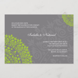 Charcoal Gray and Green Damask Wedding Invitation Kaart