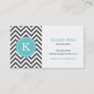 Charcoal Gray and Turquoise Chevron Monogram Visitekaartje