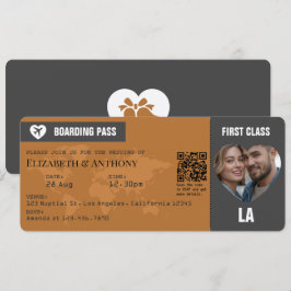 Charcoal Gray & Copper Boarding Pass Wedding Kaart