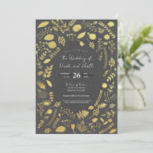 Charcoal Gray & Gold Floral Wedding Invitations Kaart (Staand voorkant)