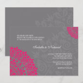 Charcoal Gray & Hot Pink Damask Wedding Invitation Kaart (Voorkant / Achterkant)
