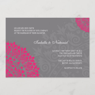 Charcoal Gray & Hot Pink Damask Wedding Invitation Kaart