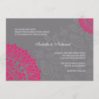 Charcoal Gray & Hot Pink Damask Wedding Invitation Kaart