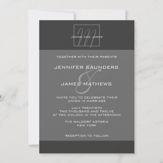 Charcoal Gray Monogram Names Wedding Invitation Kaart (Voorkant)