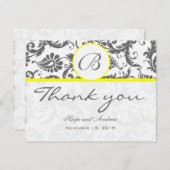 Charcoal Grey Damask Jaune Mariage Carte de remerc (Devant / Derrière)