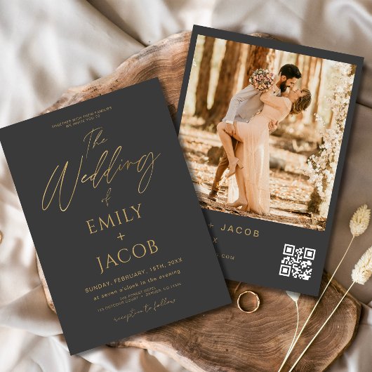 Charcoal Grey Gold Wedding QR Code Fotoscript Kaart