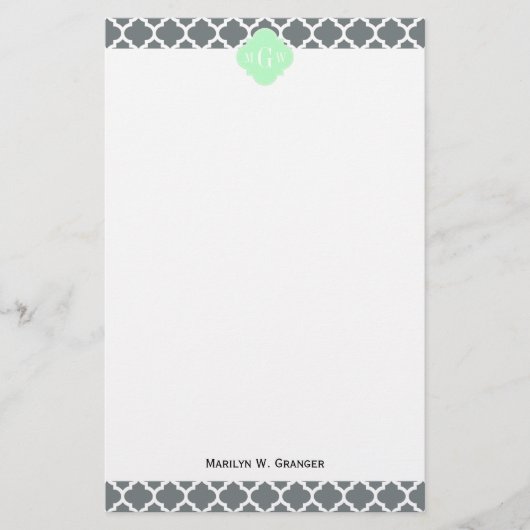 Charcoal Grey White Moroccan #5 Mint Name Monogram Briefpapier (Voorkant)
