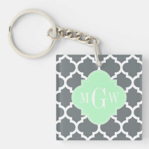 Charcoal Grey White Moroccan #5 Mint Name Monogram Sleutelhanger