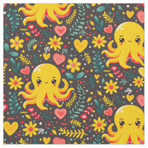 Charcoal Kawaii Octopus Floral Zee Garden Stof