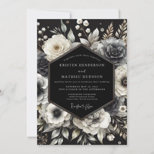 Charcoal Opulent Bloom Wedding Kaart (Voorkant)