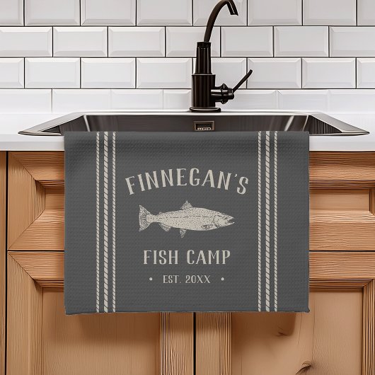 Charcoal Rustic Fish Camp gepersonaliseerd Theedoek