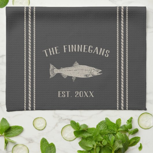 Charcoal Rustic Fish Personalized Theedoek (Gevouwen)