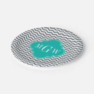 Charcoal Thin Chevron Blauwgroen Quatrefoil 3 Mono Papieren Bordje
