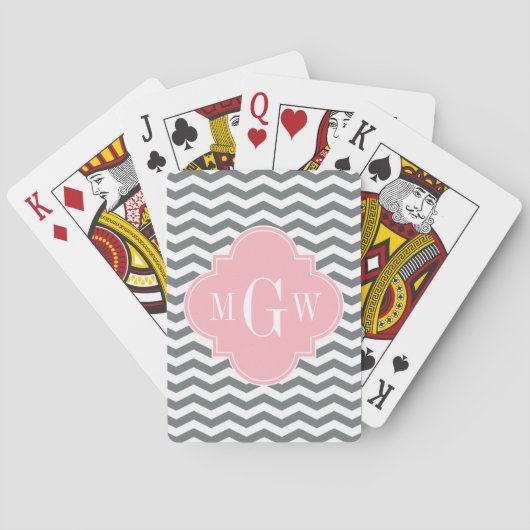 Charcoal Thin Chevron Pink Quatrefoil 3 Monogram Pokerkaarten (Achterkant)