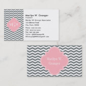 Charcoal Thin Chevron Pink Quatrefoil 3 Monogram Visitekaartje (Voorkant / Achterkant)