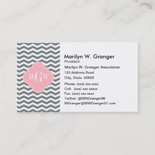 Charcoal Thin Chevron Pink Quatrefoil 3 Monogram Visitekaartje