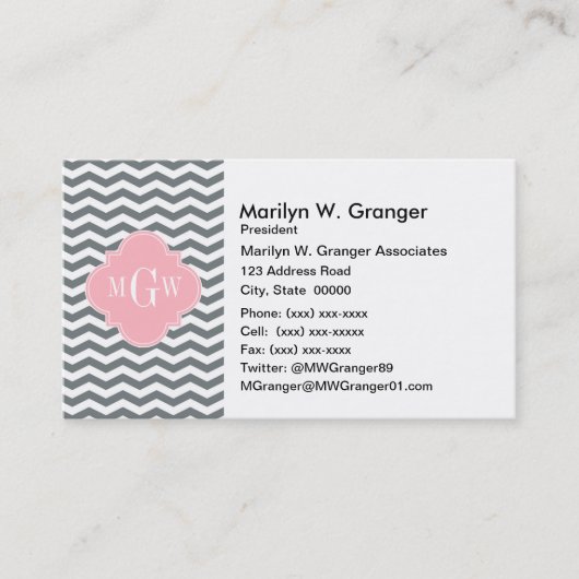 Charcoal Thin Chevron Pink Quatrefoil 3 Monogram Visitekaartje (Voorkant)