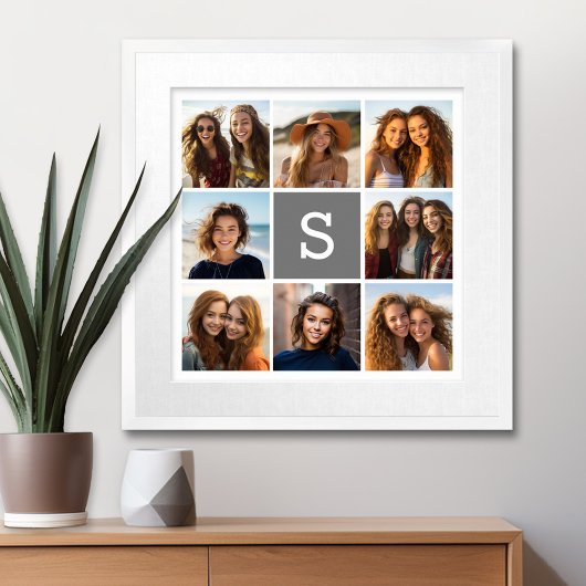 Charcoal White 8 Photo Collage Custom Monogram Canvas Afdruk