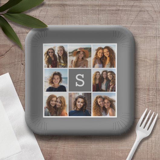 Charcoal White 8 Photo Collage Custom Monogram Papieren Bordje