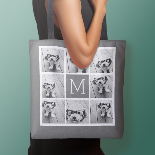 Charcoal White 8 Photo Collage Custom Monogram Tote Bag