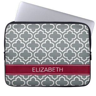 Charcoal White Moroccan #6 Burgundy Name Monogram Laptop Sleeve