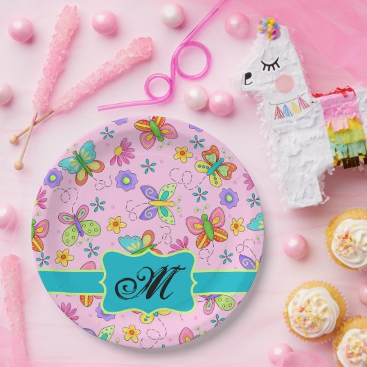 Charge Whimsy Butterflies Pink Monogram Papieren Bordje (Feest)