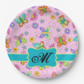 Charge Whimsy Butterflies Pink Monogram Papieren Bordje (Voorkant)