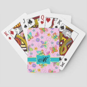 Charge Whimsy Butterflies Pink Monogram Pokerkaarten
