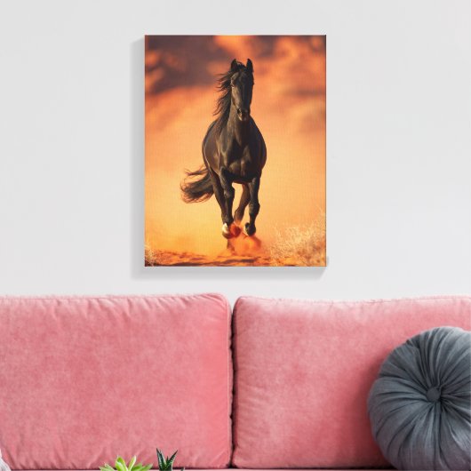 Charging Black Horse Fiery Sunset Art Canvas Afdruk (Insitu (Woonkamer))