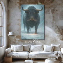 Charging Bull in de Sneeuw Winter Blauw Westerse K