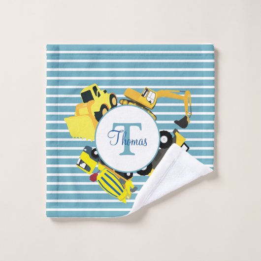 Chariots de construction Bleu rayures Monogramme (Gant de toilette)
