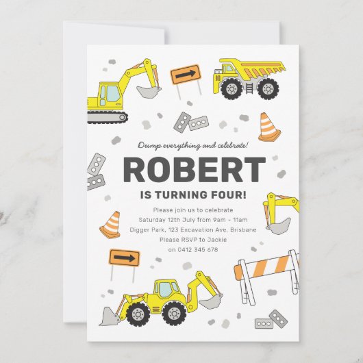 Chariots de construction Invitation de fête d'anni (Devant)