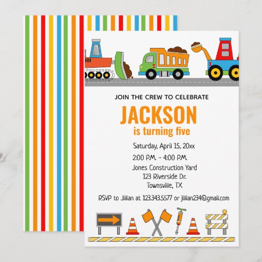 Chariots de construction Invitation de fête d'anni (Devant / Derrière)