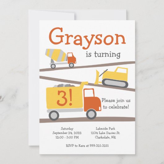 Chariots de construction Invitation de fête d'anni (Devant)