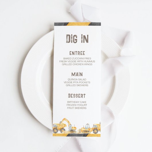 Chariots de construction Menu fête d'anniversaire