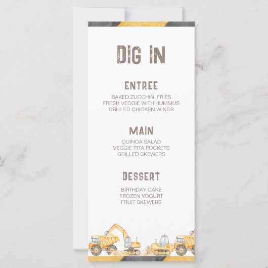 Chariots de construction Menu fête d'anniversaire (Devant)