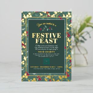 Charity Festive Feast green gold met kerst Folie Uitnodiging