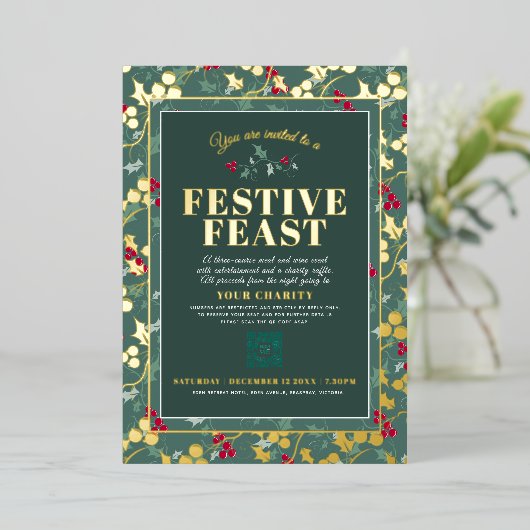 Charity Festive Feast green gold met kerst Folie Uitnodiging (Staand Voorkant)