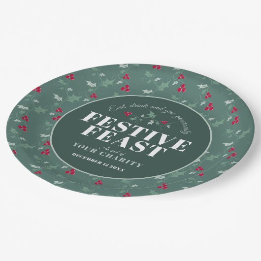 Charity Festive Feast green red Kerstdiner Papieren Bordje (Gekanteld)