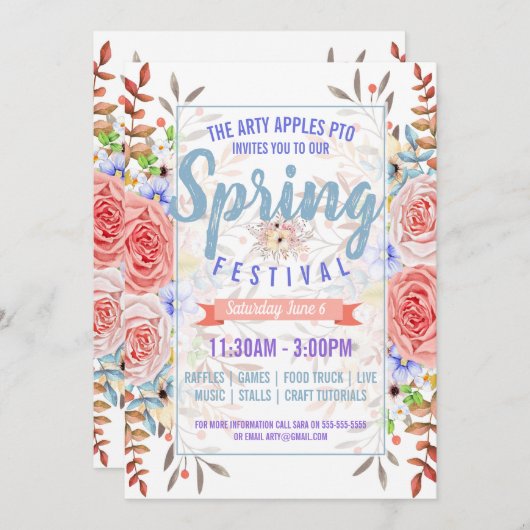 Charity fundraiser PTA PTO Spring festival nodigt Kaart (Voorkant / Achterkant)