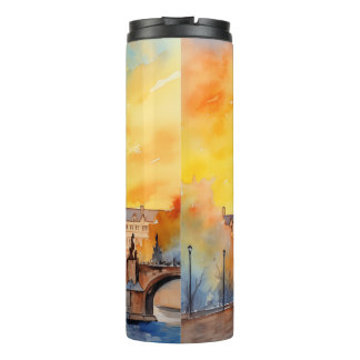 Charles Bridge Praag Zonsondergang Aquarel Thermosbeker