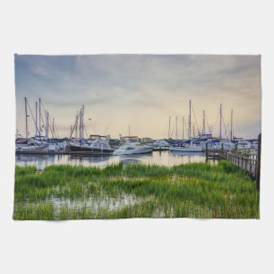 Charleston Harbor Boats Sunset Theedoek