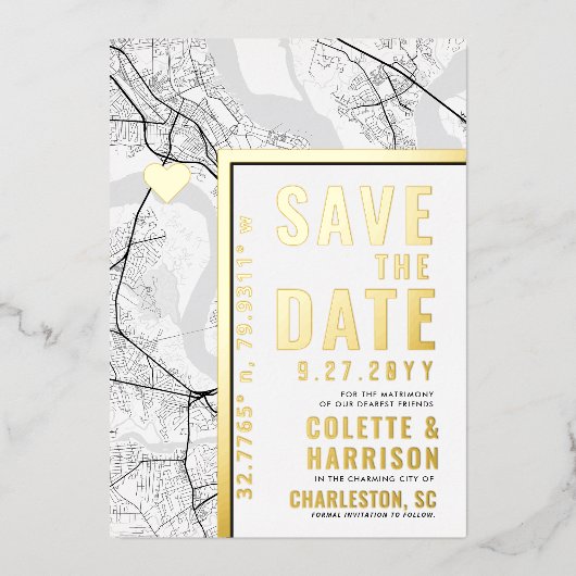 Charleston Love Locator | Bruiloft Bewaar de datum Folie Uitnodiging (Voorkant)