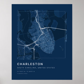 Charleston SC marineblauwe stadsplattegrond kunstp Poster