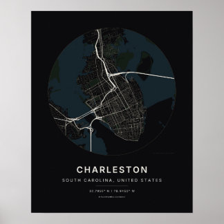 Charleston SC Zwarte Stad Kaart Kunstprint Poster